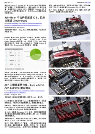 May 2nd, 2013 Published by: VR-Zone
3
雖然 Microsoft 的 Surface RT 和 Surface Pro 平板銷售表
現不如預期，不過這個軟體巨人，還是以總共 90 萬的出貨
量，搶進第五名，市佔為 1.8%。隨著四月 Surface RT 和
Surface Pro 將在更多國家上市，未來 Microsoft 應該可以搶
到更多市佔。
Jelly Bean 市佔終於超過 ICS，仍無
法超過 Gingerbread
Source: http://chinese.vr-zone.com/61637/jelly-bean-marketshare-
overtake-ics-but-still-not-catching-up-with-gingerbread-05022013/
By Mengkuei Hsu on May 2nd, 2013
根據系統市佔統計，Jelly Bean 雖然成長緩慢，不過市佔終
於超過 ICS。
、
Google 最新公布的 Android 市佔資料，最新的 Android
4.2.X Jelly Bean 成長了 3.4% ，市佔達 28.4%，而 Ice
Cream Sandwich 則下滑 1.8%，市佔為 27.5%。Jelly Bean
終於在推出近一年時，追上 ICS 的市佔，不過離 Android 主
要版本 2.3.x Gingerbread 的市佔還有一段距離。
由於各 OEM 廠導入 Jelly Bean 的速度不如預期，因此已經
傳出 Google 將推遲 Android 5.0 Key Lime Pie 的推出，而
會在本屆 Google I/O 中，推出 Android 4.3，代號仍為 Jelly
Bean，由於和 Android 4.x 相比改變幅度不大，藉以讓 OEM
廠商可以趕上 Android 推出的速度。
Z87 主機板蓄勢待發，ECS Z87H3-
A2X Extreme 搶先曝光
Source: http://chinese.vr-zone.com/61624/ecs-z87h3-a2x-extreme-inte-
lga1150-z87-motherboard-05022013/
By Chris.L on May 1st, 2013
各家 Z87 主機板已經蓄勢待發，就等待 Intel 一聲令下。
Intel 將會在 6 月份正式對 Haswell 處理器解除禁令，但在這
時間之前，不能有任何測試數據曝光、主機板資料曝光。
話雖如此，我們也見到知名的 Tom Hardware 已經提前將
Core i7-4770K、Core i5-4570K 等處理器的數據公布在網路
上，同時更有 Ivy Bridge-E 處理器的數據現身。
在 6 月，也就是 Computex 2013 之前，我們將陸續見到更
多主機板或是測試數據在解禁之前曝光，對 Intel 來說應該
也無力管制了。
在廠商拜訪中，我們已經見到多張 Z87 主機板，其中一張就
是來自 ECS 的 Z87H3-A2X EXTREME。
與 Z77 不同，這張不主打「黃金」，而是採用全新設計的散
熱片造型，看起來就像是一隻鯊魚，同時在 PCH 方面也見
到了「L337 GAMING」，這表示 ECS 將要推出一個全新的
系列。在與 PM 對談中，我們得知早前的「黃金」系列將會
沿用，更多的主機板將會在 Computex 2013 上展出。
除了 PCIe 插槽之外，也可以見到 PCI 插槽，同時也有
mSATA，在配置上有比過去更為用心。
 