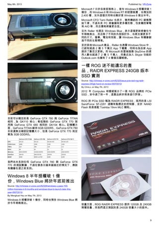 May 8th, 2013 Published by: VR-Zone
9
目前可以確定的是 GeForce GTX 780 與 GeForce TITAN
相同，為 GK110 核心；較低階的 GeForce GTX 770 採
用與 GeForce GTX 680 相同的 GK104 核心。記憶體方
面，GeForce TITAN 維持 6GB GDDR5，GeForce GTX 780
目前還無法確認記憶體大小，但是 GeForce GTX 770 則定
案為 3GB GDDR5。
我們尚未見到任何 GeForce GTX 780 與 GeForce GTX
770 的測試數據，不過在發表日越來越接近的情況下，應該
有機會在這之前見到。
Windows 8 半年授權破 1 億
份，Windows Blue 將於年底前推出
Source: http://chinese.vr-zone.com/62326/windows-u-pass-100-
million-licenses-in-6-months-and-windows-blue-to-launch-later-this-
year-05072013/
By Mengkuei Hsu on May 7th, 2013
Windows 8 授權突破 1 億份，同時也預告 Windows Blue 將
於今年稍晚推出。
Microsoft 7 日於自家部落格上，宣布 Windows 8 授權突破 1
億份，而 Windows 8 和 Windows RT 的認證裝置，也增加到
2,400 種，另外這個月同時也剛好是 Windows 8 推出半年。
Microsoft CFO Tami Reller 也表示，雖然傳統的 PC 銷售開
始下滑，不過未來 PC 將會擁有更多種形態，包含觸控筆電
和 AIO 等，而且價格將會更合宜。
另外 Reller 也提及 Windows Blue，表示這個更新將會在今
年稍晚推出，而且除了不同的外型設計外，也將支援更多不
同的尺寸、螢幕、電池和效能，讓 Windows Blue 有機會創
造不同的生態環境。
至於其他 Microsoft 產品，Reller 也透露 Windows Store 中，
已經有超過 2 億 5 千萬次 App 下載數，同時也為自家 App
提供了數百次更新。而 Microsoft 的雲端服務 SkyDrive 的使
用人數也超過了 2 億 5 千萬人，而最近加入 Skype 功能的
Outlook.com 也擁有了 4 億個活躍帳號。
一樣 ROG 迷不能遺忘的產
品，RAIDR EXPRESS 240GB 版本
SSD 實測
Source: http://chinese.vr-zone.com/62325/asus-pcie-ssd-rog-raidr-
express-240gb-hand-on-review-05072013/
By Chris.L on May 7th, 2013
2012 年 Computex 時曾經展示了一張 ROG 品牌的 PCIe
SSD，如今過了快一年，這產品終於現身進行評測 。
ROG 的 PCIe SSD 稱為 RAIDR EXPRESS，採用的是 LSI
SandForce SF-2281 這顆有點歷史的控制器，至於 NAND
Flash 則是搭配 Toshiba 19nm MLC 顆粒。
容量方面，ROG RAIDR EXPRESS 提供 120GB 及 240GB
兩種容量，而我們這次測試的是 240GB 容量大小的版本。
 