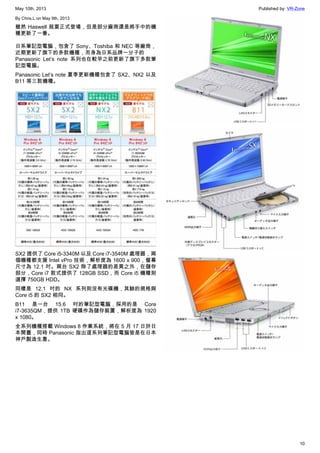 May 10th, 2013 Published by: VR-Zone
10
By Chris.L on May 9th, 2013
雖然 Haswell 就要正式登場，但是部分廠商還是將手中的機
種更新了一番。
日系筆記型電腦，包含了 Sony、Toshiba 和 NEC 等廠商，
近期更新了旗下的多款機種，而身為日系品牌一分子的
Panasonic Let’s note 系列也在較早之前更新了旗下多款筆
記型電腦。
Panasonic Let’s note 夏季更新機種包含了 SX2、NX2 以及
B11 等三款機種。
SX2 提供了 Core i5-3340M 以及 Core i7-3540M 處理器，兩
個機種都支援 Intel vPro 技術，解析度為 1600 x 900，螢幕
尺寸為 12.1 吋。兩台 SX2 除了處理器的差異之外，在儲存
部分，Core i7 款式提供了 128GB SSD，而 Core i5 機種則
選擇 750GB HDD。
同樣是 12.1 吋的 NX 系列則沒有光碟機，其餘的規格與
Core i5 的 SX2 相同。
B11 是一台 15.6 吋的筆記型電腦，採用的是 Core
i7-3635QM，提供 1TB 硬碟作為儲存裝置，解析度為 1920
x 1080。
全系列機種搭載 Windows 8 作業系統，將在 5 月 17 日於日
本開賣，同時 Panasonic 指出這系列筆記型電腦皆是在日本
神戶製造生產。
 