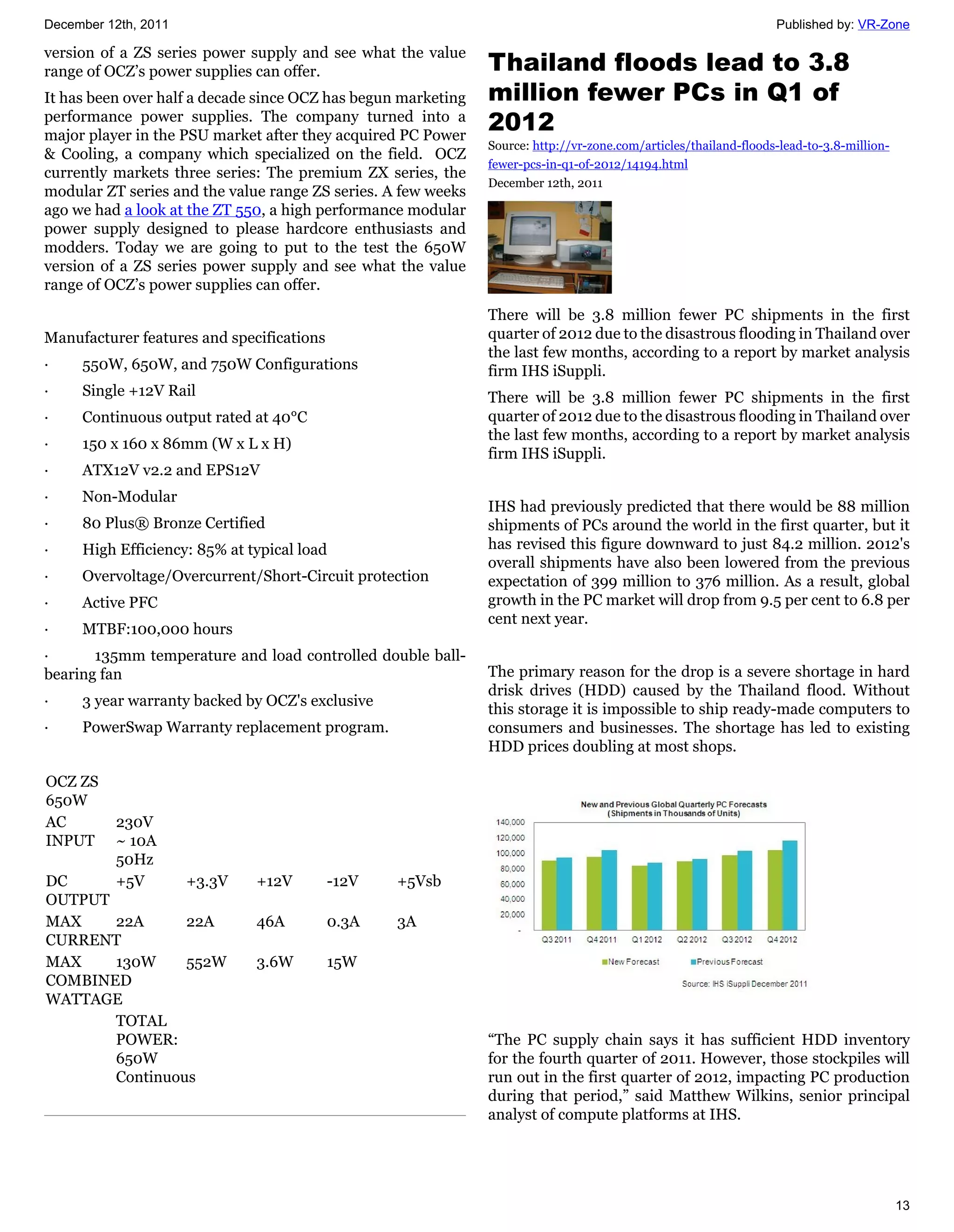 December 12th, 2011                                                                                               Published by: VR-Zone

version of a ZS series power supply and see what the value
range of OCZ’s power supplies can offer.                       Thailand floods lead to 3.8
It has been over half a decade since OCZ has begun marketing   million fewer PCs in Q1 of
performance power supplies. The company turned into a
major player in the PSU market after they acquired PC Power
                                                               2012
                                                               Source: http://vr-zone.com/articles/thailand-floods-lead-to-3.8-million-
& Cooling, a company which specialized on the field. OCZ
                                                               fewer-pcs-in-q1-of-2012/14194.html
currently markets three series: The premium ZX series, the
                                                               December 12th, 2011
modular ZT series and the value range ZS series. A few weeks
ago we had a look at the ZT 550, a high performance modular
power supply designed to please hardcore enthusiasts and
modders. Today we are going to put to the test the 650W
version of a ZS series power supply and see what the value
range of OCZ’s power supplies can offer.
                                                               There will be 3.8 million fewer PC shipments in the first
Manufacturer features and specifications                       quarter of 2012 due to the disastrous flooding in Thailand over
                                                               the last few months, according to a report by market analysis
·    550W, 650W, and 750W Configurations                       firm IHS iSuppli.
·    Single +12V Rail                                          There will be 3.8 million fewer PC shipments in the first
·    Continuous output rated at 40°C                           quarter of 2012 due to the disastrous flooding in Thailand over
                                                               the last few months, according to a report by market analysis
·    150 x 160 x 86mm (W x L x H)
                                                               firm IHS iSuppli.
·    ATX12V v2.2 and EPS12V
·    Non-Modular
                                                               IHS had previously predicted that there would be 88 million
·    80 Plus® Bronze Certified                                 shipments of PCs around the world in the first quarter, but it
·    High Efficiency: 85% at typical load                      has revised this figure downward to just 84.2 million. 2012's
                                                               overall shipments have also been lowered from the previous
·    Overvoltage/Overcurrent/Short-Circuit protection          expectation of 399 million to 376 million. As a result, global
·    Active PFC                                                growth in the PC market will drop from 9.5 per cent to 6.8 per
                                                               cent next year.
·    MTBF:100,000 hours
·      135mm temperature and load controlled double ball-
bearing fan                                                    The primary reason for the drop is a severe shortage in hard
                                                               drisk drives (HDD) caused by the Thailand flood. Without
·    3 year warranty backed by OCZ's exclusive
                                                               this storage it is impossible to ship ready-made computers to
·    PowerSwap Warranty replacement program.                   consumers and businesses. The shortage has led to existing
                                                               HDD prices doubling at most shops.

OCZ ZS
650W
AC        230V
INPUT     ~ 10A
          50Hz
DC        +5V   +3.3V         +12V         -12V   +5Vsb
OUTPUT
MAX    22A      22A           46A          0.3A   3A
CURRENT
MAX    130W     552W          3.6W         15W
COMBINED
WATTAGE
       TOTAL
       POWER:                                                  “The PC supply chain says it has sufficient HDD inventory
       650W                                                    for the fourth quarter of 2011. However, those stockpiles will
       Continuous                                              run out in the first quarter of 2012, impacting PC production
                                                               during that period,” said Matthew Wilkins, senior principal
                                                               analyst of compute platforms at IHS.




                                                                                                                                          13
 