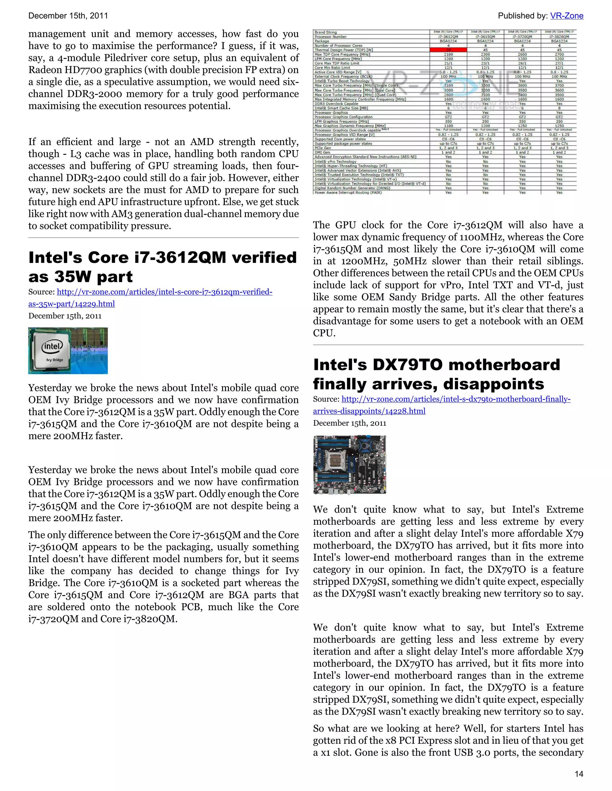 December 15th, 2011                                                                                                      Published by: VR-Zone

management unit and memory accesses, how fast do you
have to go to maximise the performance? I guess, if it was,
say, a 4-module Piledriver core setup, plus an equivalent of
Radeon HD7700 graphics (with double precision FP extra) on
a single die, as a speculative assumption, we would need six-
channel DDR3-2000 memory for a truly good performance
maximising the execution resources potential.


If an efficient and large - not an AMD strength recently,
though - L3 cache was in place, handling both random CPU
accesses and buffering of GPU streaming loads, then four-
channel DDR3-2400 could still do a fair job. However, either
way, new sockets are the must for AMD to prepare for such
future high end APU infrastructure upfront. Else, we get stuck
like right now with AM3 generation dual-channel memory due
to socket compatibility pressure.                                      The GPU clock for the Core i7-3612QM will also have a
                                                                       lower max dynamic frequency of 1100MHz, whereas the Core
                                                                       i7-3615QM and most likely the Core i7-3610QM will come
Intel's Core i7-3612QM verified                                        in at 1200MHz, 50MHz slower than their retail siblings.
as 35W part                                                            Other differences between the retail CPUs and the OEM CPUs
                                                                       include lack of support for vPro, Intel TXT and VT-d, just
Source: http://vr-zone.com/articles/intel-s-core-i7-3612qm-verified-
                                                                       like some OEM Sandy Bridge parts. All the other features
as-35w-part/14229.html
                                                                       appear to remain mostly the same, but it's clear that there's a
December 15th, 2011
                                                                       disadvantage for some users to get a notebook with an OEM
                                                                       CPU.


                                                                       Intel's DX79TO motherboard
Yesterday we broke the news about Intel's mobile quad core             finally arrives, disappoints
OEM Ivy Bridge processors and we now have confirmation                 Source: http://vr-zone.com/articles/intel-s-dx79to-motherboard-finally-
that the Core i7-3612QM is a 35W part. Oddly enough the Core           arrives-disappoints/14228.html
i7-3615QM and the Core i7-3610QM are not despite being a               December 15th, 2011
mere 200MHz faster.


Yesterday we broke the news about Intel's mobile quad core
OEM Ivy Bridge processors and we now have confirmation
that the Core i7-3612QM is a 35W part. Oddly enough the Core
i7-3615QM and the Core i7-3610QM are not despite being a               We don't quite know what to say, but Intel's Extreme
mere 200MHz faster.                                                    motherboards are getting less and less extreme by every
The only difference between the Core i7-3615QM and the Core            iteration and after a slight delay Intel's more affordable X79
i7-3610QM appears to be the packaging, usually something               motherboard, the DX79TO has arrived, but it fits more into
Intel doesn't have different model numbers for, but it seems           Intel's lower-end motherboard ranges than in the extreme
like the company has decided to change things for Ivy                  category in our opinion. In fact, the DX79TO is a feature
Bridge. The Core i7-3610QM is a socketed part whereas the              stripped DX79SI, something we didn't quite expect, especially
Core i7-3615QM and Core i7-3612QM are BGA parts that                   as the DX79SI wasn't exactly breaking new territory so to say.
are soldered onto the notebook PCB, much like the Core
i7-3720QM and Core i7-3820QM.
                                                                       We don't quite know what to say, but Intel's Extreme
                                                                       motherboards are getting less and less extreme by every
                                                                       iteration and after a slight delay Intel's more affordable X79
                                                                       motherboard, the DX79TO has arrived, but it fits more into
                                                                       Intel's lower-end motherboard ranges than in the extreme
                                                                       category in our opinion. In fact, the DX79TO is a feature
                                                                       stripped DX79SI, something we didn't quite expect, especially
                                                                       as the DX79SI wasn't exactly breaking new territory so to say.
                                                                       So what are we looking at here? Well, for starters Intel has
                                                                       gotten rid of the x8 PCI Express slot and in lieu of that you get
                                                                       a x1 slot. Gone is also the front USB 3.0 ports, the secondary

                                                                                                                                                 14
 