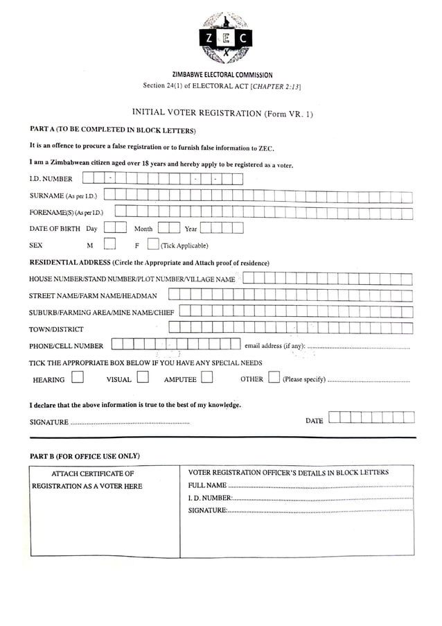 Zimbabwe Proof of Residence VR1 & VR9 Affidavit Forms