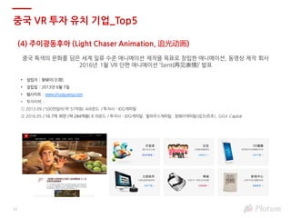 12
(4) 주이광동후아 (Light Chaser Animation, 追光动画)
중국 특색의 문화를 담은 세계 일류 수준 애니메이션 제작을 목표로 창립한 애니메이션, 동영상 제작 회사
2016년 1월 VR 단편 애니메이션 ‘Sent(再见表情)’ 발표
• 설립자 : 왕웨이(王微)
• 설립일 : 2013년 6월 7일
• 웹사이트 : www.zhuiguang.com
• 투자이력 :
① 2013.09 / 500만달러(약 57억원) A라운드 / 투자사 - IDG캐피탈
② 2016.05 / 16.7억 위안 (약 284억원) B 라운드 / 투자사 - IDG캐피탈, 힐하우스캐피탈, 청웨이캐피탈(成为资本), GGV Capital
중국 VR 투자 유치 기업_Top5
 