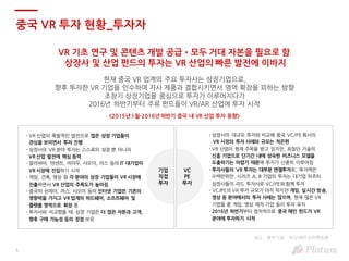 5
중국 VR 투자 현황_투자자
VR 기초 연구 및 콘텐츠 개발 공급•모두 거대 자본을 필요로 함
상장사 및 산업 펀드의 투자는 VR 산업의 빠른 발전에 이바지
현재 중국 VR 업계의 주요 투자사는 상장기업으로,
향후 투자한 VR 기업을 인수하여 자사 제품과 결합시키면서 영역 확장을 꾀하는 방향
초창기 상장기업을 중심으로 투자가 이루어지다가
2016년 하반기부터 주류 펀드들이 VR/AR 산업에 투자 시작
기업
직접
투자
- VR 산업의 폭발적인 발전으로 많은 상장 기업들이
관심을 보이면서 투자 진행
- 상장사의 VR 분야 투자는 스스로의 성장 뿐 아니라
VR 산업 발전에 핵심 동력
- 알리바바, 텐센트, 바이두, 샤오미, 러스 등의 IT 대기업이
VR 시장에 진입하기 시작
- 게임, 건축, 영상 등 각 분야의 상장 기업들이 VR 시장에
진출하면서 VR 산업의 주목도가 높아짐
- 중국의 쉰레이, 러스, 샤오미 등의 인터넷 기업은 기존의
영향력을 가지고 VR 업계의 하드웨어, 소프트웨어 및
플랫폼 영역으로 확장 중
- 투자사와 비교했을 때, 상장 기업은 더 많은 자본과 고객,
향후 구매 가능성 등의 장점 보유
VC
PE
투자
- 상장사의 대규모 투자와 비교해 중국 VC/PE 회사의
VR 시장의 투자 사례와 규모는 적은편
- VR 산업이 현재 주목을 받고 있지만, 최첨단 기술의
신흥 기업으로 단기간 내에 성숙한 비즈니스 모델을
도출하기는 어렵기 때문에 투자가 신중히 이루어짐
- 투자사들의 VR 투자는 대부분 엔젤투자로, 투자액은
수백만위안. 시리즈 A, B 기업의 투자는 대기업 위주의
상장사들이 리드 투자사로 VC/PE와 함께 투자
- VC/PE의 VR 투자 규모가 아직 작지만 게임, 실시간 방송,
영상 등 분야에서의 투자 사례는 많으며, 현재 많은 VR
기업들 중 게임, 영상 제작 기업 등이 투자 유치
- 2016년 하반기부터 점차적으로 중국 메인 펀드가 VR
분야에 투자하기 시작
<2015년 1월-2016년 하반기 중국 내 VR 산업 투자 동향>
참고 : 投中专题：中国VR行业研究报告
 