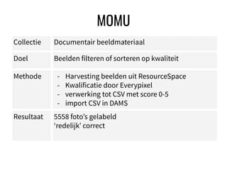 ./DATABLE
MOMU
Collectie Documentair beeldmateriaal
Doel Beelden filteren of sorteren op kwaliteit
Methode - Harvesting be...