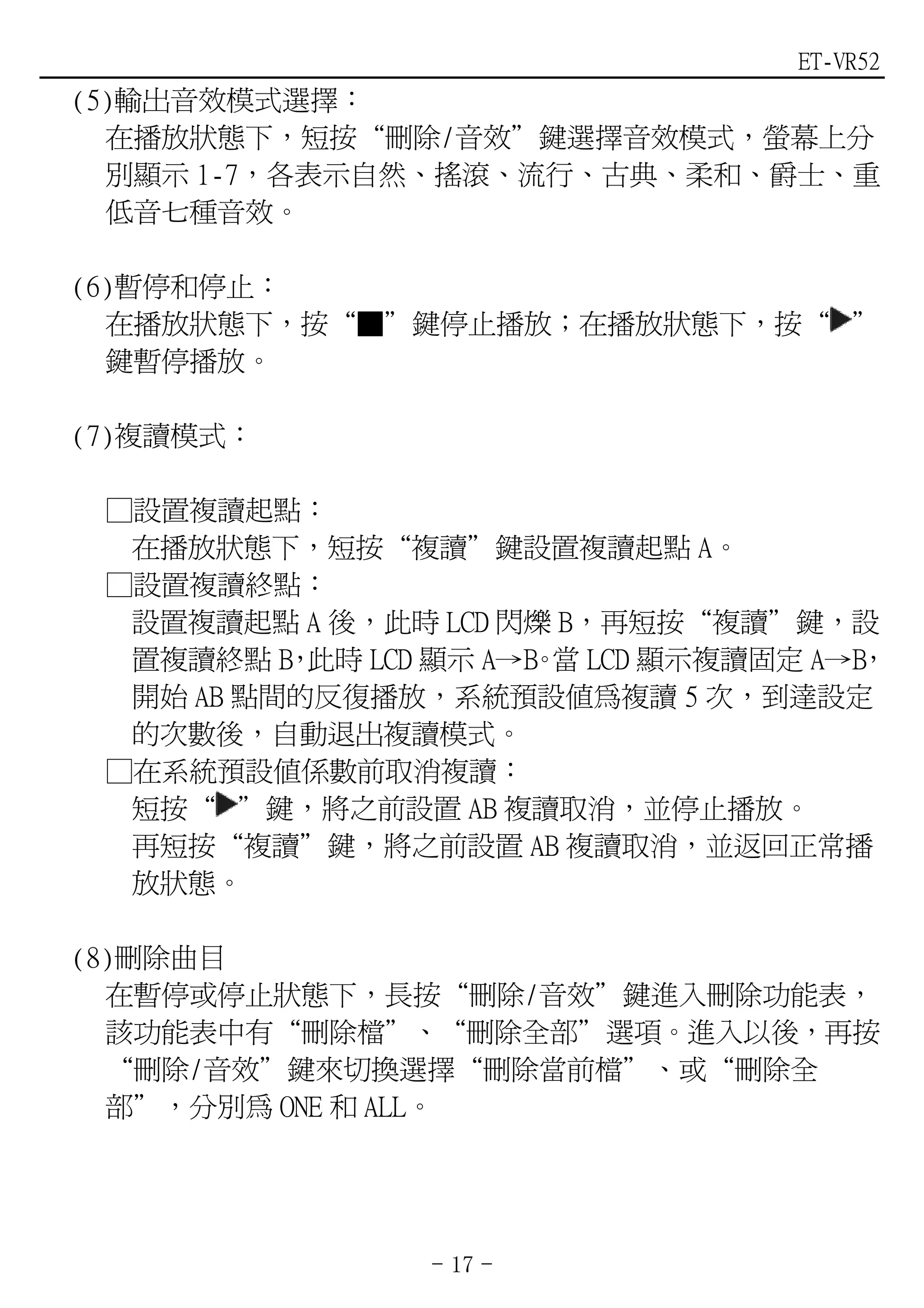 ET-VR52
(5)輸出音效模式選擇：
  在播放狀態下，短按“刪除/音效”鍵選擇音效模式，螢幕上分
  別顯示 1-7，各表示自然、搖滾、流行、古典、柔和、爵士、重
  低音七種音效。

(6)暫停和停止：
  在播放狀態下，按“■”鍵停止播放；在播放狀態下，按“ ”
  鍵暫停播放。

(7)複讀模式：

 ①設置複讀起點：
  在播放狀態下，短按“複讀”鍵設置複讀起點 A。
 ①設置複讀終點：
  設置複讀起點 A 後，此時 LCD 閃爍 B，再短按“複讀”鍵，設
  置複讀終點 B 此時 LCD 顯示 A→B 當 LCD 顯示複讀固定 A→B
          ，            。                ，
  開始 AB 點間的反復播放，系統預設值為複讀 5 次，到達設定
  的次數後，自動退出複讀模式。
 ①在系統預設值係數前取消複讀：
  短按“ ”鍵，將之前設置 AB 複讀取消，並停止播放。
  再短按“複讀”鍵，將之前設置 AB 複讀取消，並返回正常播
  放狀態。

(8)刪除曲目
  在暫停或停止狀態下，長按“刪除/音效”鍵進入刪除功能表，
  該功能表中有“刪除檔”、“刪除全部”選項。進入以後，再按
  “刪除/音效”鍵來切換選擇“刪除當前檔”、或“刪除全
  部”，分別為 ONE 和 ALL。




                 - 17 -
 