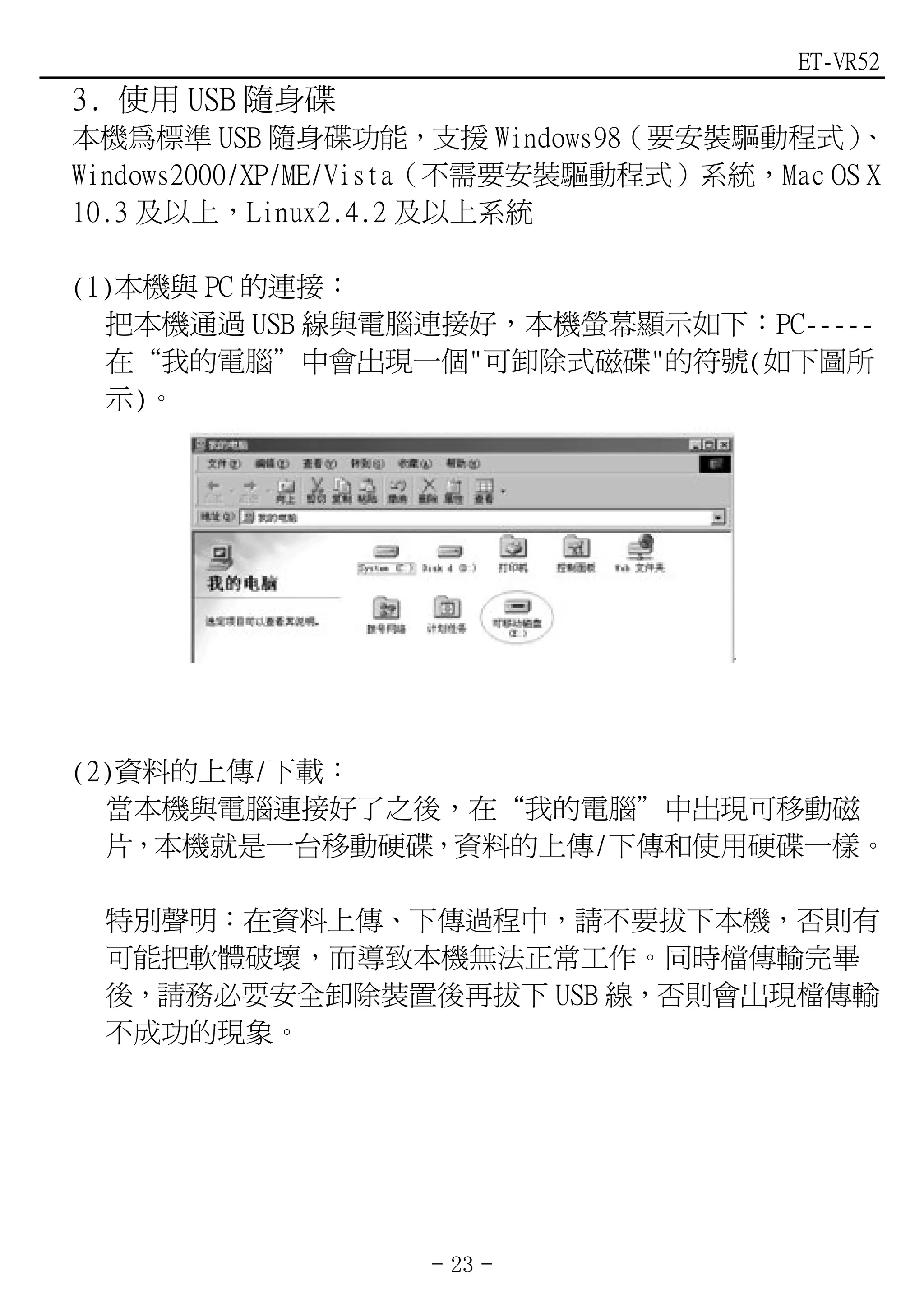ET-VR52
3. 使用 USB 隨身碟
本機為標準 USB 隨身碟功能，支援 Windows98（要安裝驅動程式）      、
Windows2000/XP/ME/Vista（不需要安裝驅動程式）系統，Mac OS X
10.3 及以上，Linux2.4.2 及以上系統

(1)本機與 PC 的連接：
  把本機通過 USB 線與電腦連接好，本機螢幕顯示如下：PC-----
  在“我的電腦”中會出現一個"可卸除式磁碟"的符號(如下圖所
  示)。




(2)資料的上傳/下載：
  當本機與電腦連接好了之後，在“我的電腦”中出現可移動磁
  片，本機就是一台移動硬碟，資料的上傳/下傳和使用硬碟一樣。

 特別聲明：在資料上傳、下傳過程中，請不要拔下本機，否則有
 可能把軟體破壞，而導致本機無法正常工作。同時檔傳輸完畢
 後，請務必要安全卸除裝置後再拔下 USB 線，否則會出現檔傳輸
 不成功的現象。




                   - 23 -
 