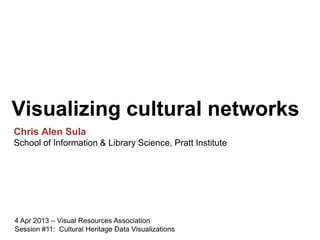 Visualizing cultural networks
Chris Alen Sula
School of Information & Library Science, Pratt Institute
4 Apr 2013 – Visual Resources Association
Session #11: Cultural Heritage Data Visualizations
 