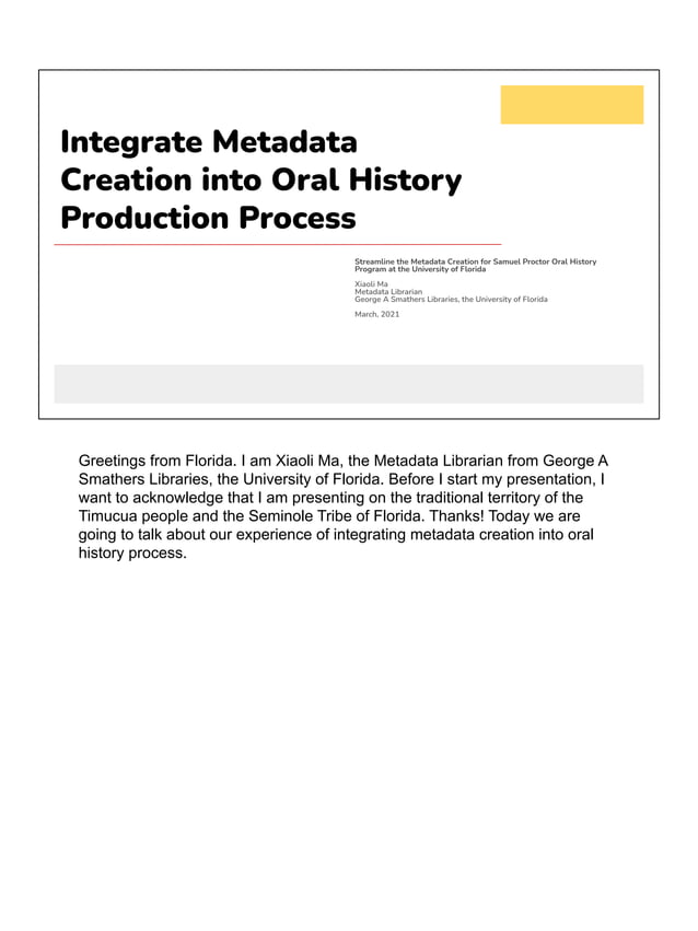 Integrate Metadata Creation into Oral History Production Process, Xiaoli Ma PDF