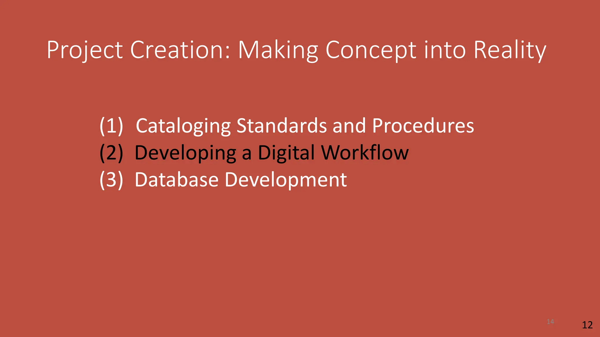 Project Creation: Making Concept into Reality
(1) Cataloging Standards and Procedures
(2) Developing a Digital Workflow
(3) Database Development
12
14
 