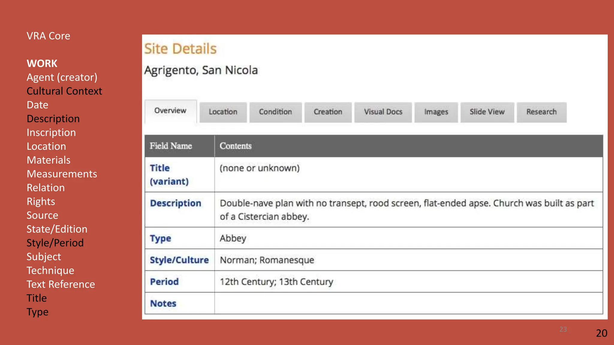 VRA Core
WORK
Agent (creator)
Cultural Context
Date
Description
Inscription
Location
Materials
Measurements
Relation
Rights
Source
State/Edition
Style/Period
Subject
Technique
Text Reference
Title
Type
20
23
 