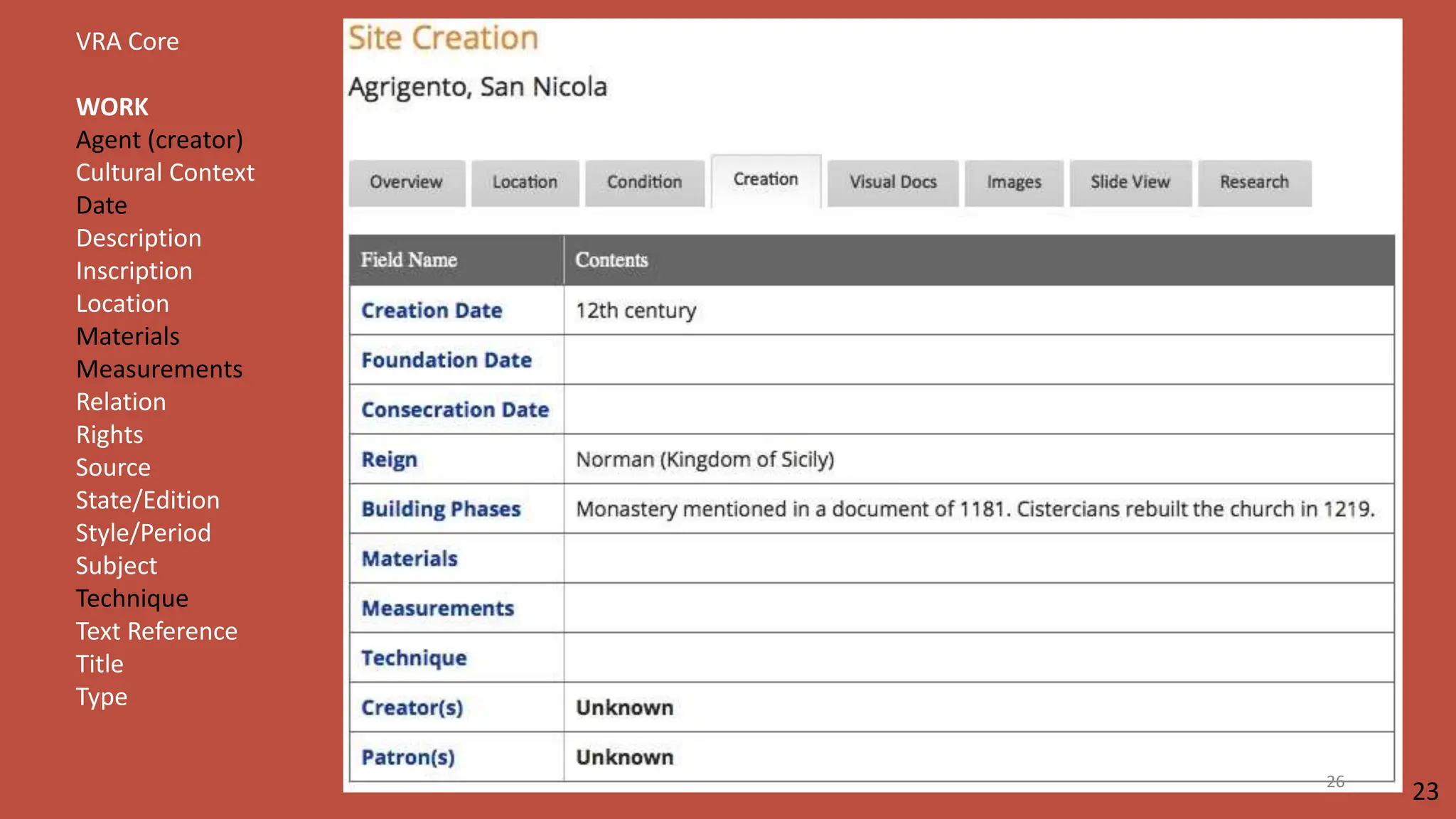 VRA Core
WORK
Agent (creator)
Cultural Context
Date
Description
Inscription
Location
Materials
Measurements
Relation
Rights
Source
State/Edition
Style/Period
Subject
Technique
Text Reference
Title
Type
23
26
 