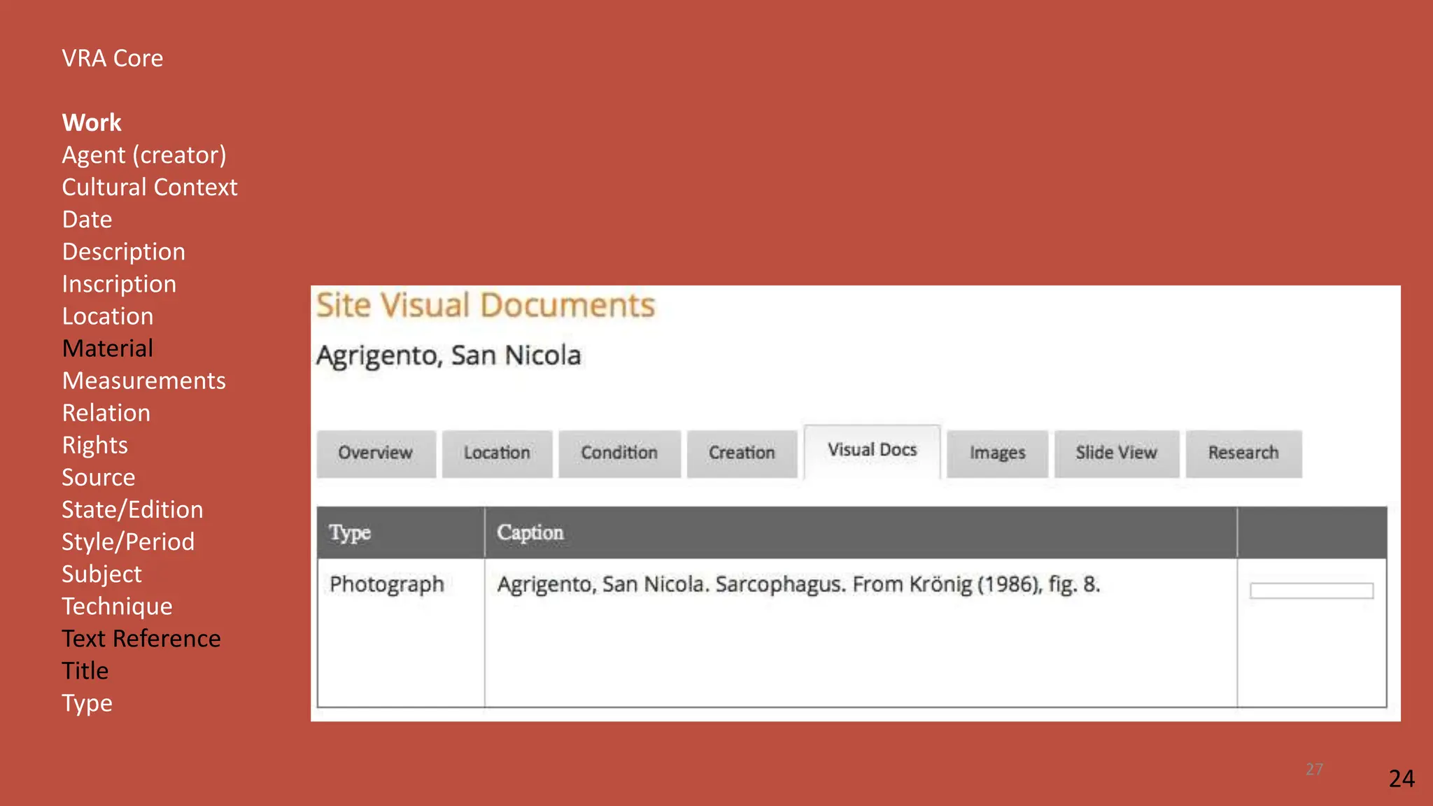 VRA Core
Work
Agent (creator)
Cultural Context
Date
Description
Inscription
Location
Material
Measurements
Relation
Rights
Source
State/Edition
Style/Period
Subject
Technique
Text Reference
Title
Type
24
27
 
