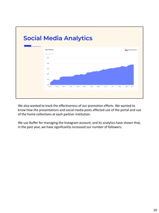 Social Media Analytics
We also wanted to track the effectiveness of our promotion efforts. We wanted to
know how the presentations and social media posts affected use of the portal and use
of the home collections at each partner institution.
We use Buffer for managing the Instagram account, and its analytics have shown that,
in the past year, we have significantly increased our number of followers.
10
 