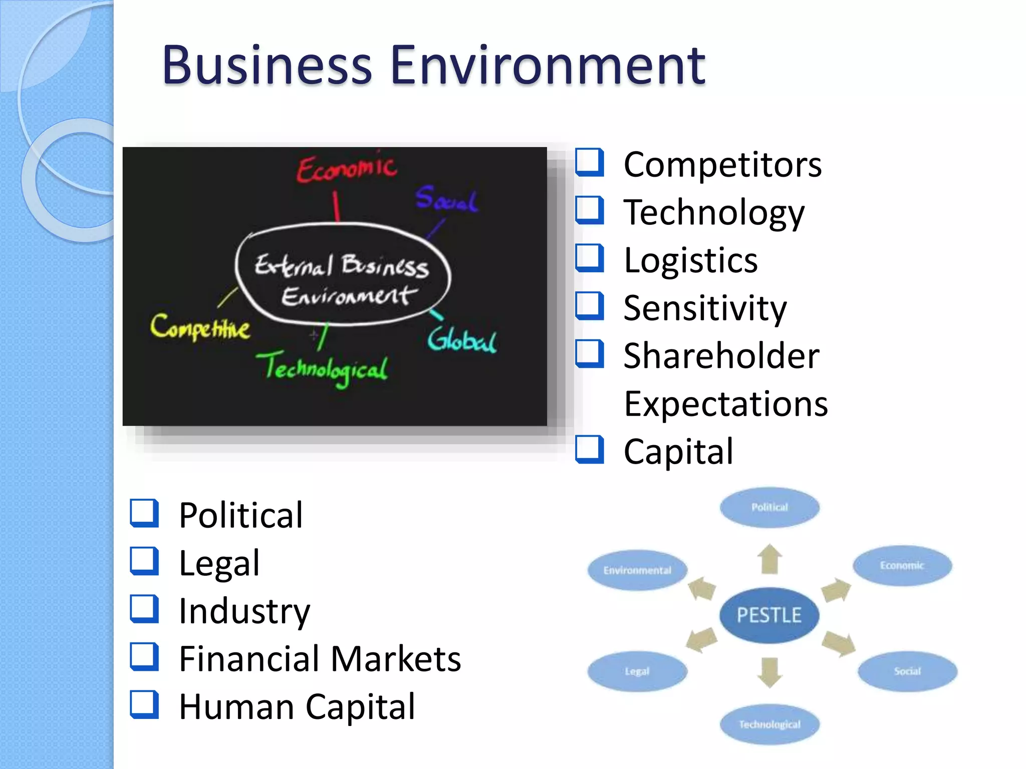  Competitors
 Technology
 Logistics
 Sensitivity
 Shareholder
Expectations
 Capital
Business Environment
 Political
 Legal
 Industry
 Financial Markets
 Human Capital
 