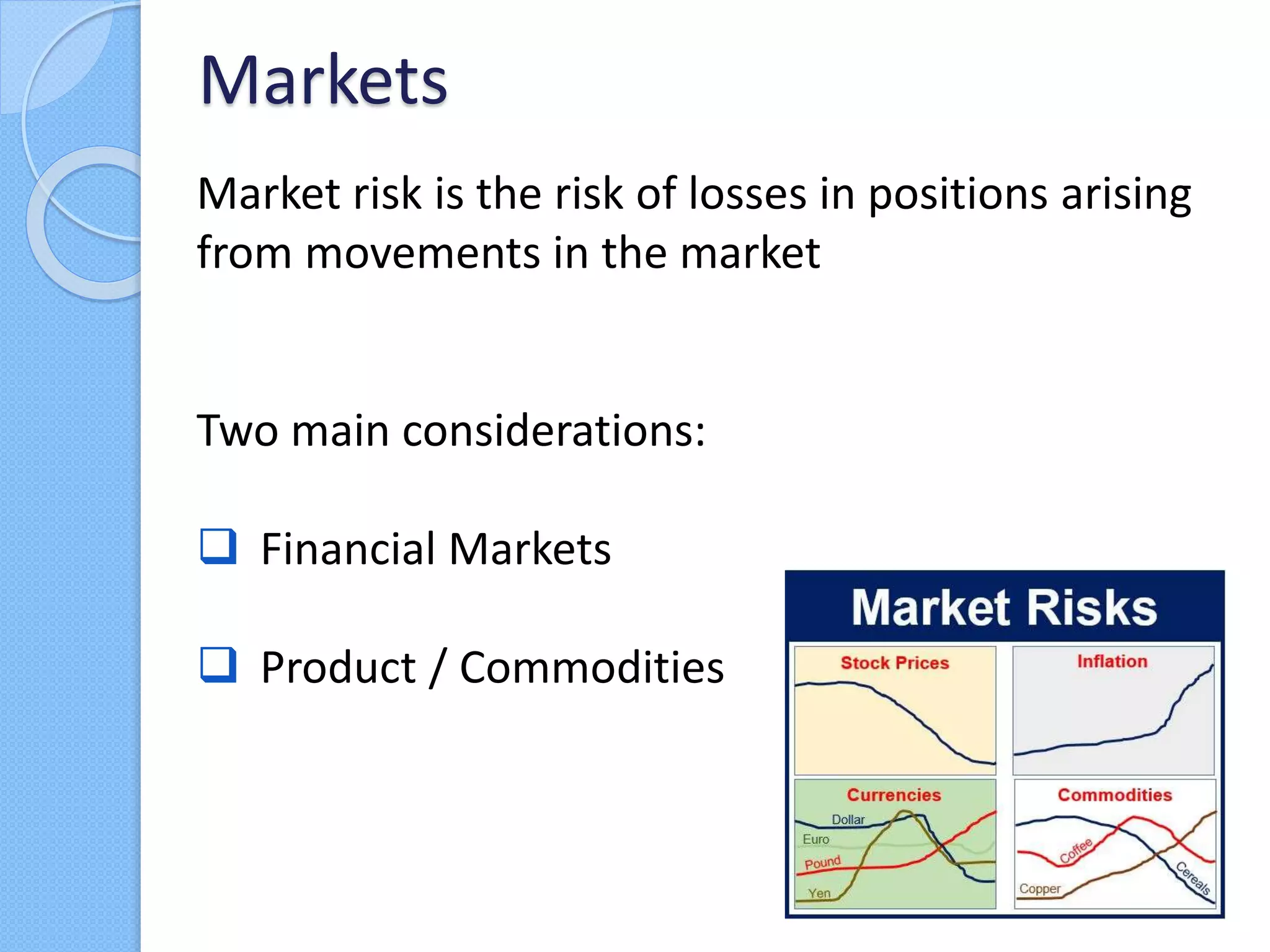 Market risk is the risk of losses in positions arising
from movements in the market
Two main considerations:
 Financial Markets
 Product / Commodities
Markets
 