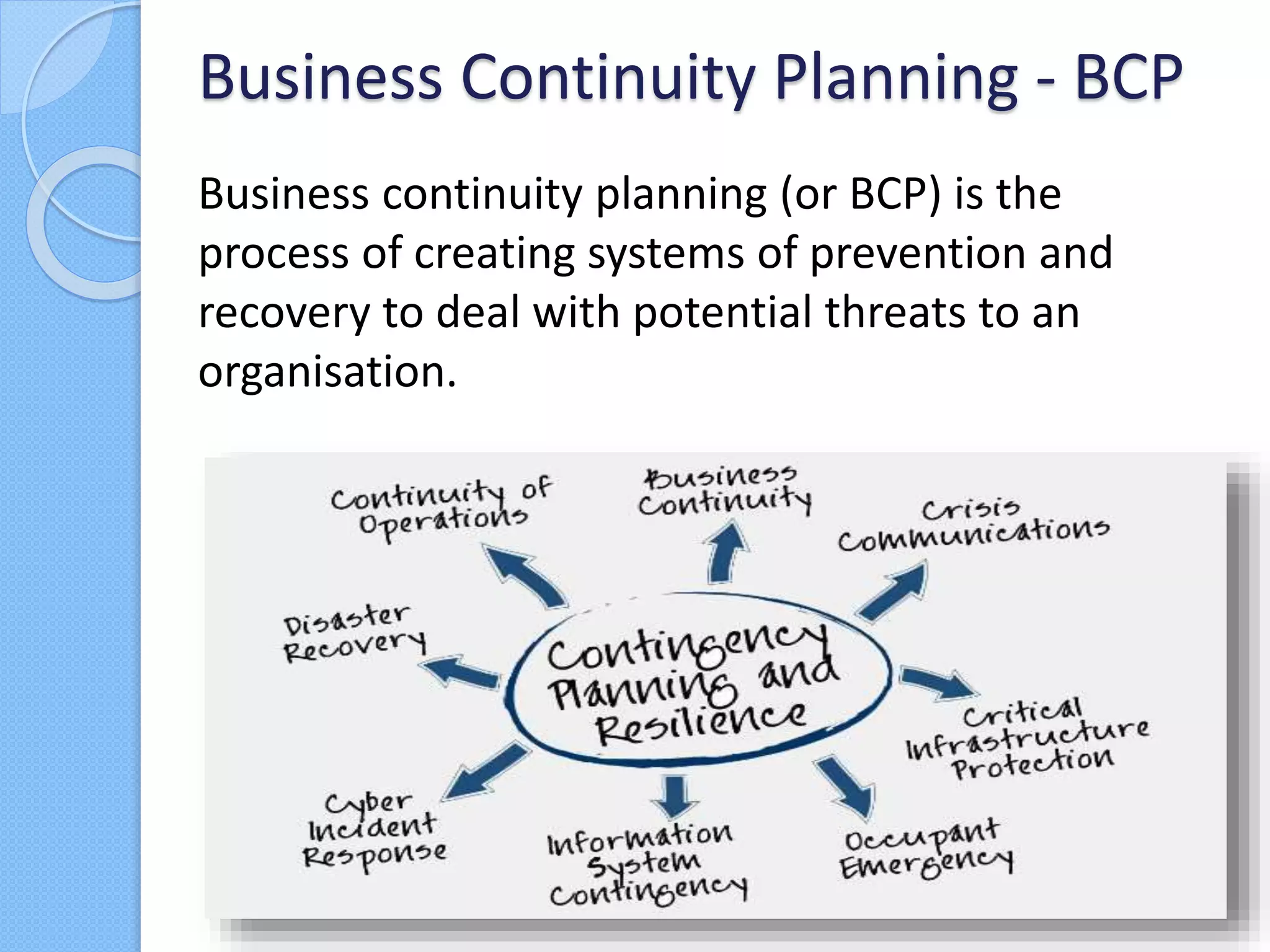 Business continuity planning (or BCP) is the
process of creating systems of prevention and
recovery to deal with potential threats to an
organisation.
Business Continuity Planning - BCP
 