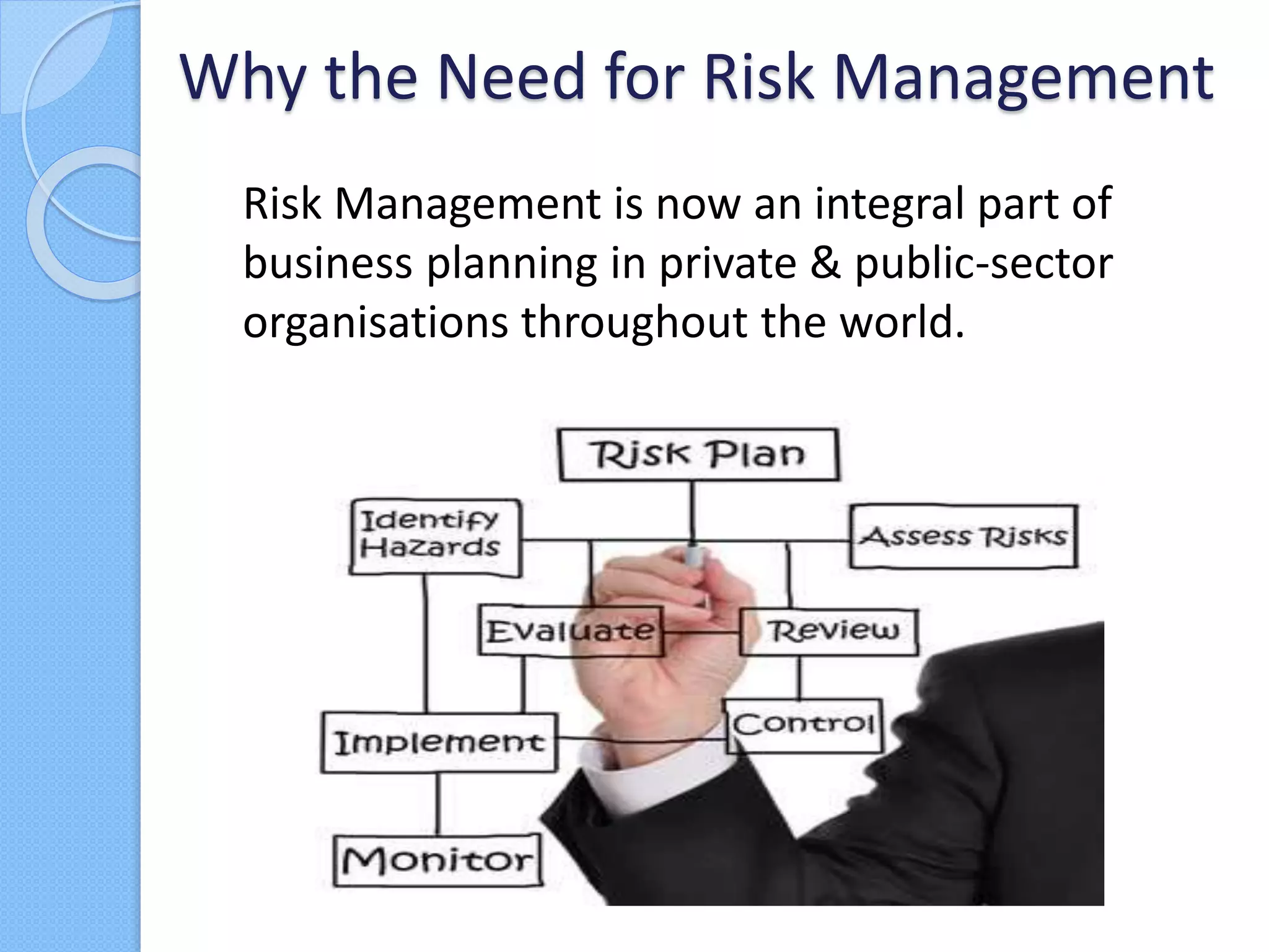 Risk Management is now an integral part of
business planning in private & public-sector
organisations throughout the world.
Why the Need for Risk Management
 