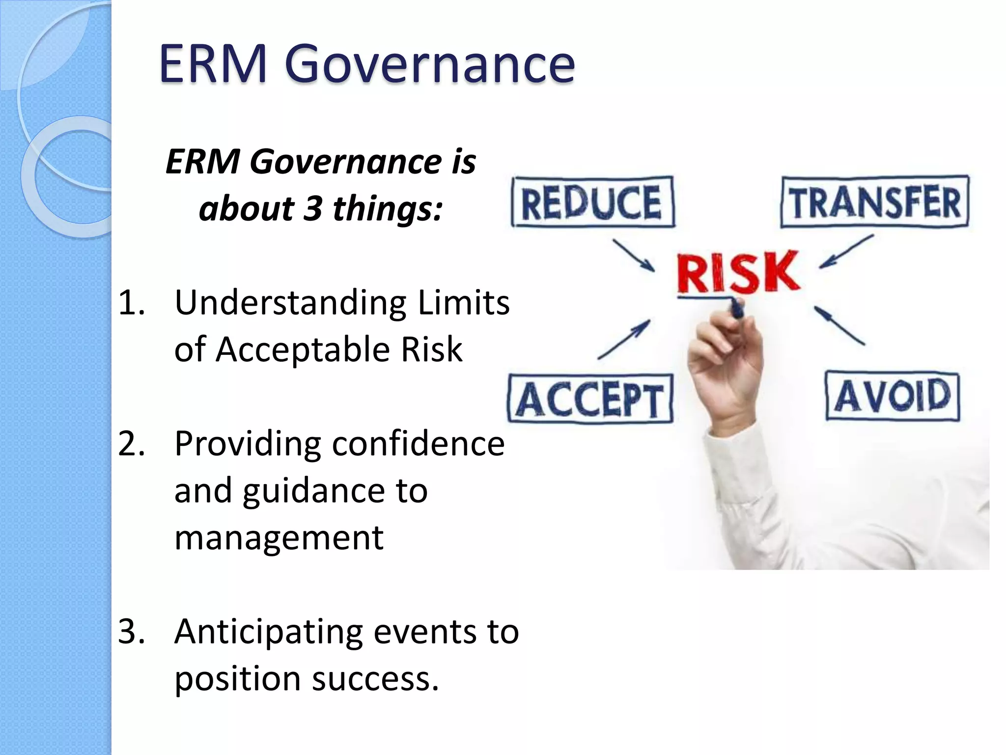 ERM Governance is
about 3 things:
1. Understanding Limits
of Acceptable Risk
2. Providing confidence
and guidance to
management
3. Anticipating events to
position success.
ERM Governance
 