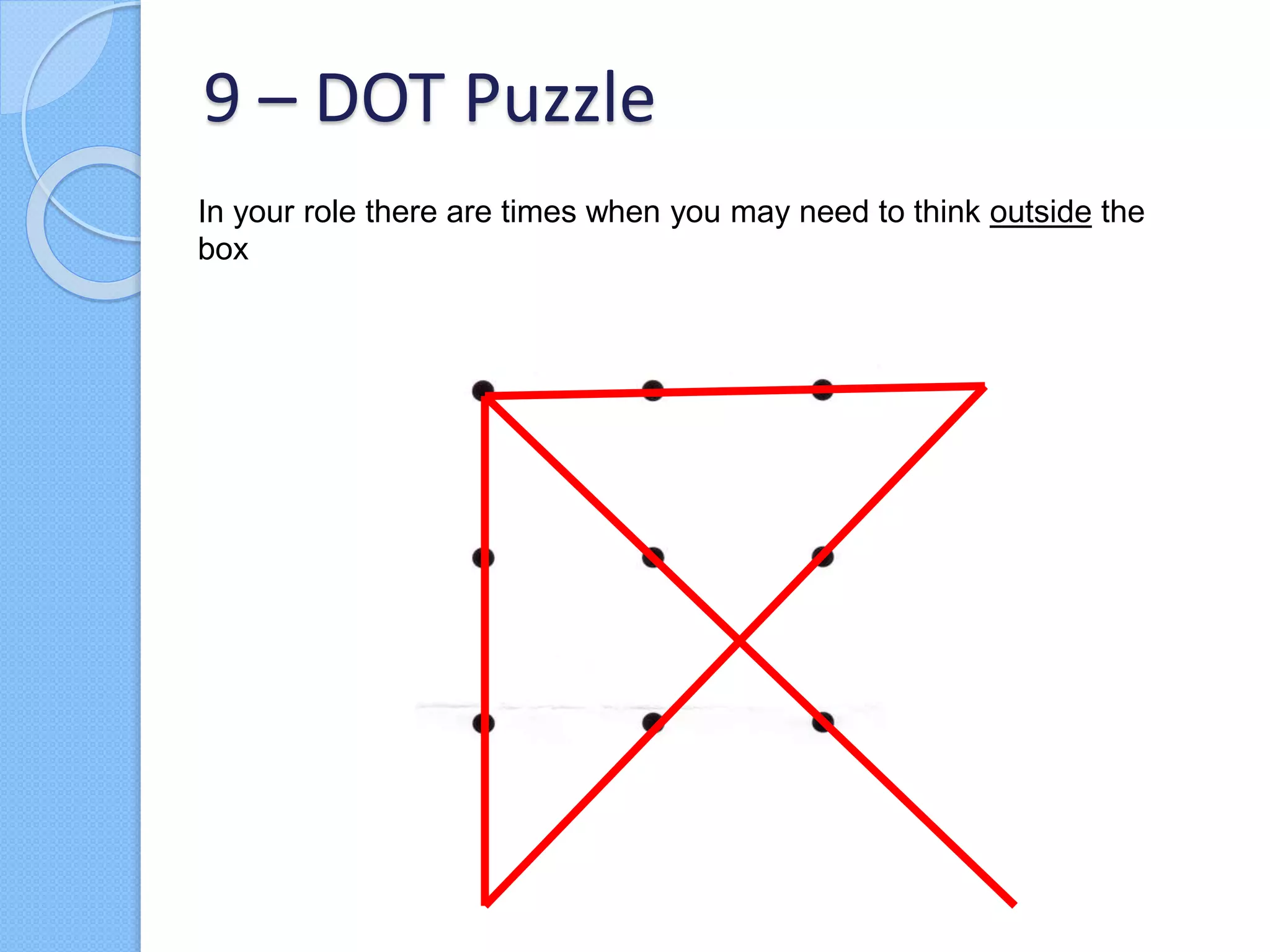 In your role there are times when you may need to think outside the
box
9 – DOT Puzzle
 