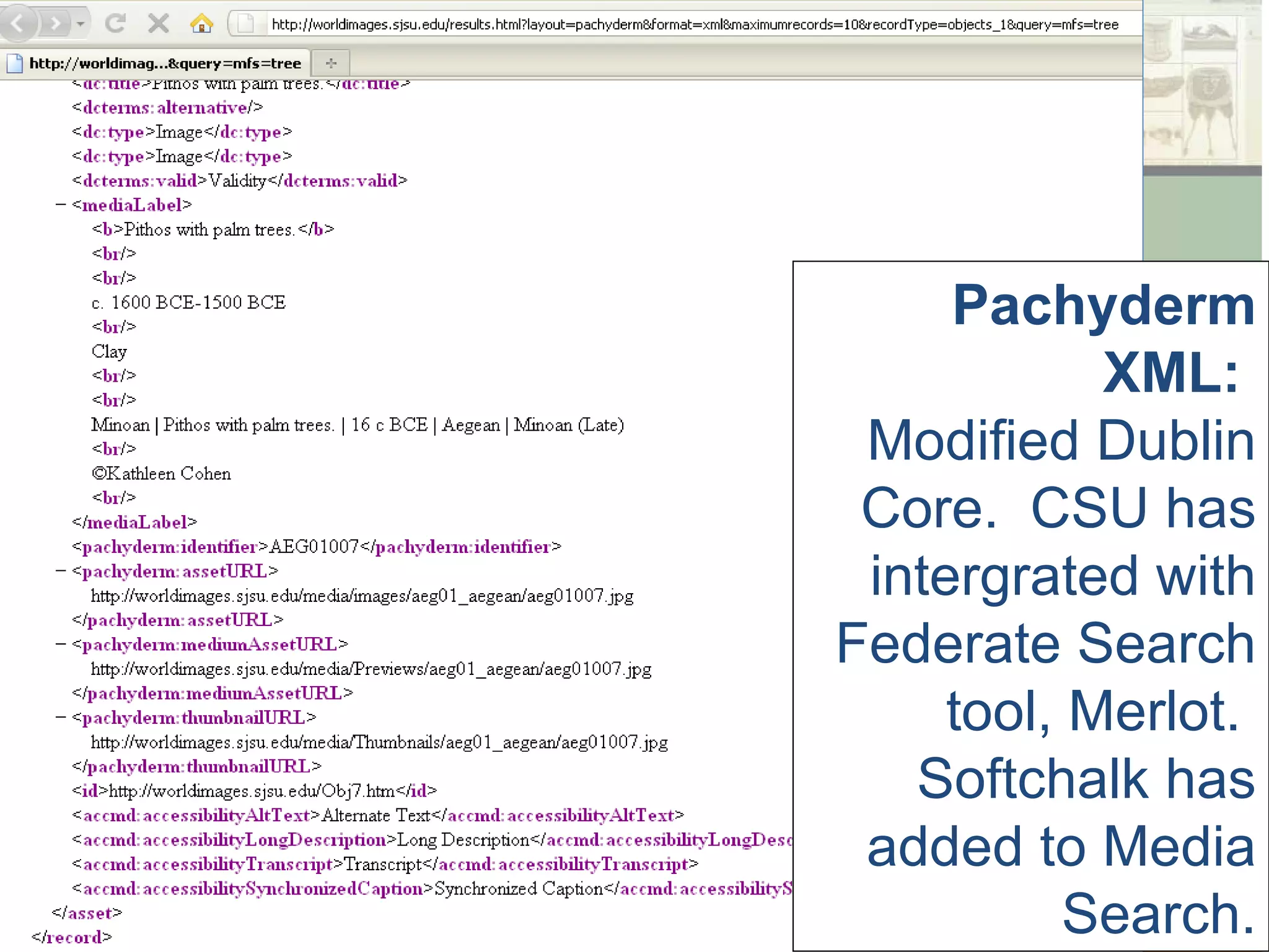 Pachyderm XML: Modified Dublin Core. CSU has intergrated with Federate Search tool, Merlot. Softchalk has added to Media Search.