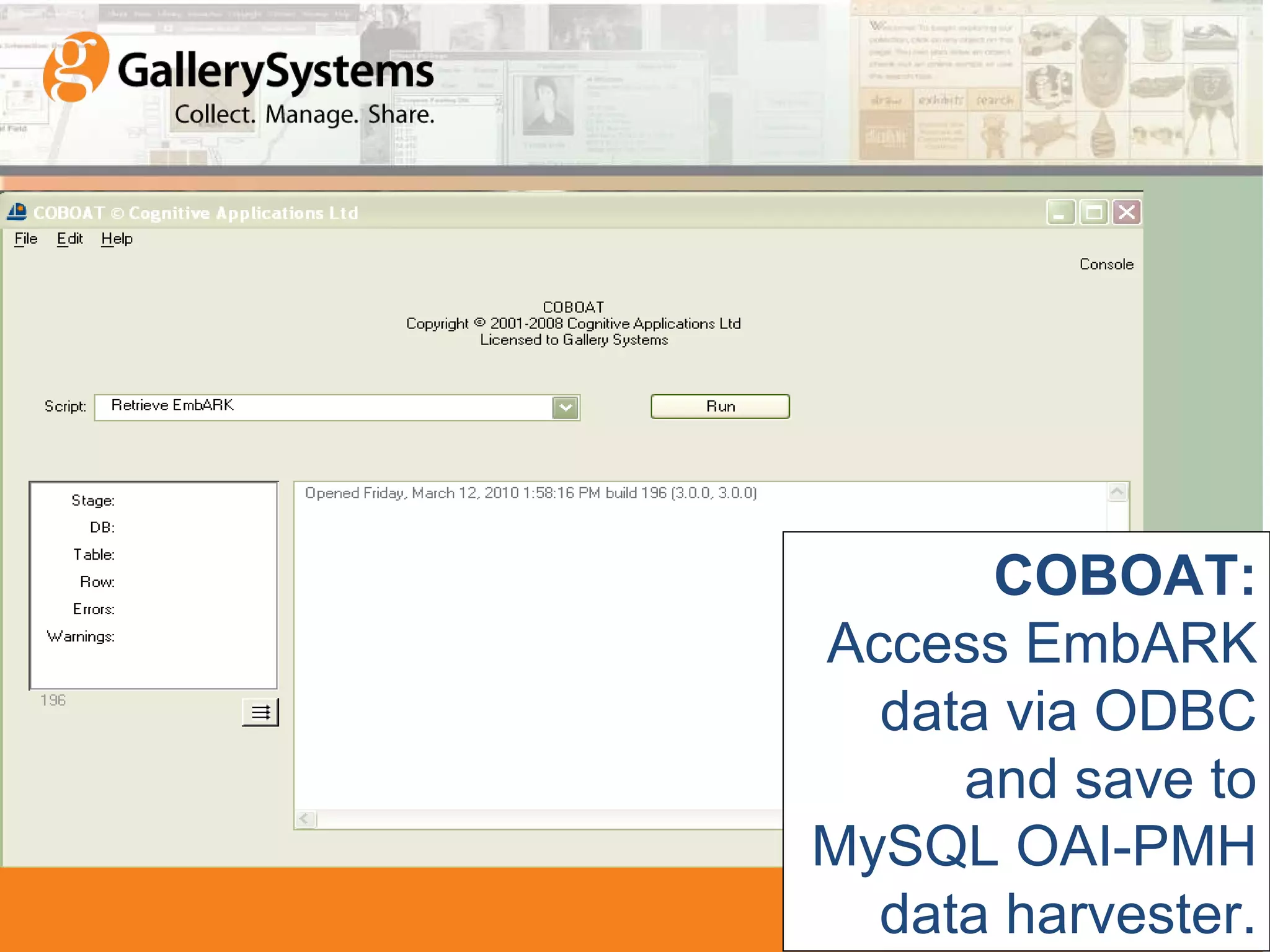 COBOAT: Access EmbARK data via ODBC and save to MySQL OAI-PMH data harvester.