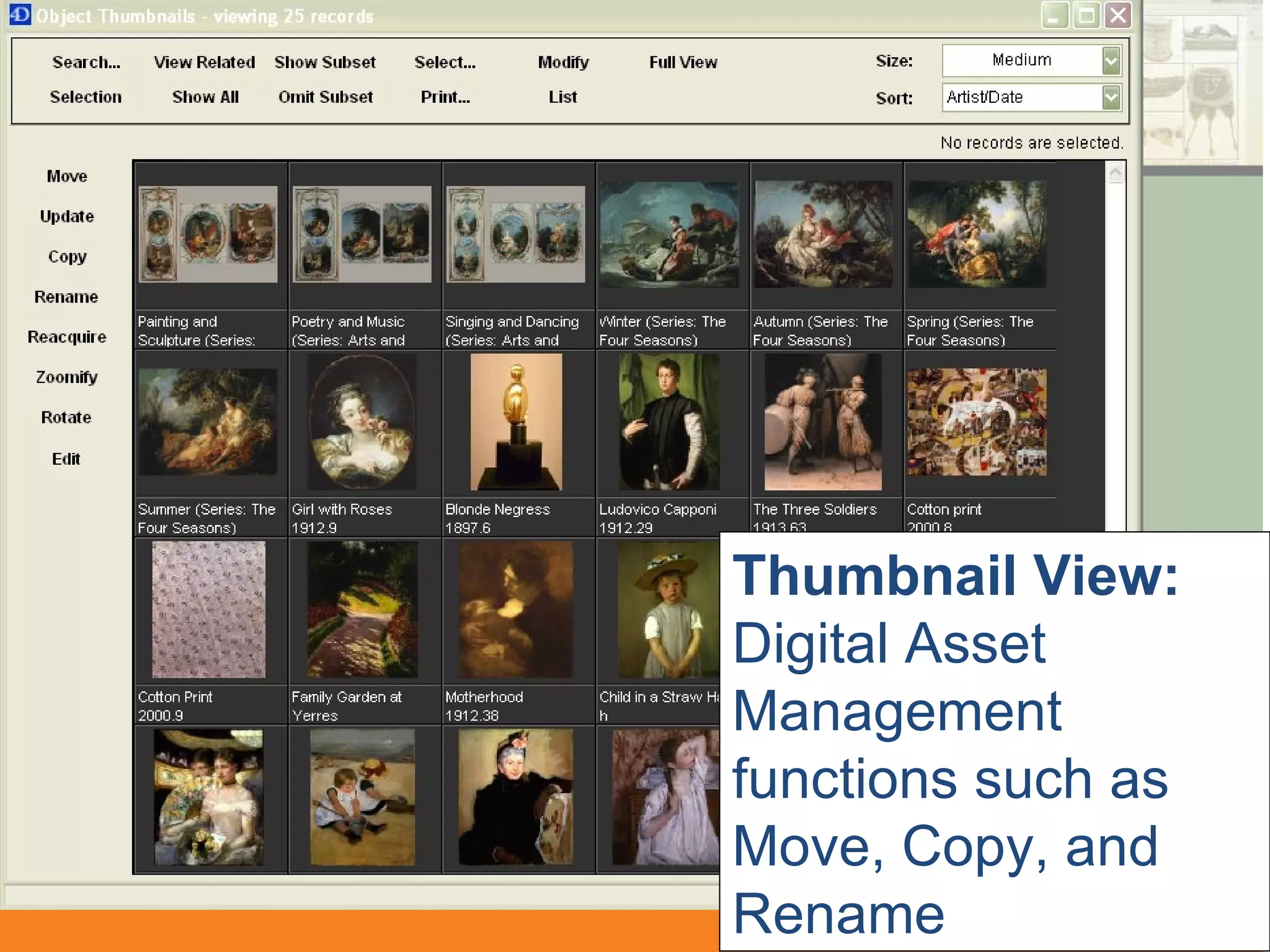Thumbnail View: Digital Asset Management functions such as Move, Copy, and Rename