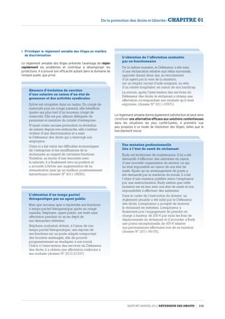 Privilégier le règlement amiable des litiges en matière
de discrimination
Le règlement amiable des litiges présente l’avantage de régler
rapidement les problèmes et contribue à désengorger les
juridictions. Il a prouvé son efficacité autant dans le domaine de
l’emploi public que privé.
Absence d’évolution de carrière
d’une salariée en raison d’un état de
grossesse et des activités syndicales
Sylvie est croupière dans un casino. En congé de
maternité puis en congé parental, elle bénéficie
quatre ans plus tard d’un nouveau congé de
maternité. Elle est par ailleurs déléguée du
personnel et membre du comité d’entreprise.
N’ayant connu aucune promotion ou évolution
de salaire depuis son embauche, elle s’estime
victime d’une discrimination et a saisi
le Défenseur des droits qui a interrogé son
employeur.
Celui-ci a fait valoir les difficultés économiques
de l’entreprise et les insuffisances de la
réclamante au regard de certaines fonctions.
Toutefois, au terme d’une rencontre avec
la salariée, il a finalement revu sa position et
a accordé à Sylvie une augmentation de sa
rémunération ainsi qu’un meilleur positionnement
hiérarchique (dossier N° 2011-06062).
L’obtention d’un temps partiel
thérapeutique par un agent public
Bien que reconnu apte à reprendre ses fonctions
à temps partiel thérapeutique après un congé
maladie, Stéphane, agent public, est resté sans
affectation pendant un an en dépit de
ses demandes réitérées.
Stéphane souhaitait obtenir, à l’issue de son
temps partiel thérapeutique, une reprise de
ses fonctions sur un poste adapté comportant
des horaires aménagés, afin de pouvoir
progressivement se réadapter à son travail.
Grâce à l’intervention des services du Défenseur
des droits, il a obtenu une affectation conforme à
ses souhaits (dossier N° 2012-01337).
L’obtention de l’affectation souhaitée
par un fonctionnaire
De la même manière, le Défenseur a été saisi
d’une réclamation relative aux refus successifs,
opposés durant deux ans, au recrutement
d’un agent par la voie de la mutation,
sur un emploi vacant d’aide-soignant, au sein
d’un centre hospitalier, en raison de son handicap.
Là encore, après l’intervention des services du
Défenseur des droits, le réclamant a obtenu une
affectation correspondant aux souhaits qu’il avait
exprimés. (dossier N° 2011-07871)
Le règlement amiable donne également satisfaction et peut ainsi
constituer une alternative efficace aux solutions contentieuses
dans les situations les plus conflictuelles, à première vue
peu propices à ce mode de résolution des litiges, telles que le
harcèlement moral.
Une mutation professionnelle
liée à l’état de santé du réclamant
Rudy est technicien de maintenance. Il lui a été
demandé d’effectuer des astreintes en raison
d’une nouvelle organisation du secteur ce qui
lui était impossible en raison de son état de
santé. Après qu’un aménagement de poste a
été demandé par le médecin du travail, il a fait
l’objet d’une mutation justifiée selon l’employeur
par une restructuration. Rudy estime que cette
mutation est en lien avec son état de santé et son
impossibilité à effectuer des astreintes.
Dans le cadre de l’instruction du dossier, un
règlement amiable a été initié par le Défenseur
des droits. L’employeur a accepté de recevoir
le réclamant en entretien. L’employeur a
finalement pris l’engagement de prendre en
charge à hauteur de 200 € par mois les frais de
déplacements du réclamant et d’accorder à Rudy
une prime exceptionnelle de 400 € relative
aux permanences effectuées lors de sa mutation
(dossier N° 2011-08105).
RAPPORT ANNUEL 2012 DÉFENSEUR DES DROITS 113
De la protection des droits et libertés - CHAPITRE 01
 