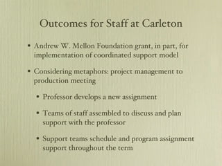 Outcomes for Staff at Carleton Andrew W. Mellon Foundation grant, in part, for implementation of coordinated support model Considering metaphors: project management to production meeting Professor develops a new assignment Teams of staff assembled to discuss and plan support with the professor Support teams schedule and program assignment support throughout the term 