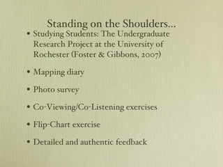 Standing on the Shoulders... Studying Students: The Undergraduate Research Project at the University of Rochester (Foster & Gibbons, 2007) Mapping diary Photo survey Co-Viewing/Co-Listening exercises Flip-Chart exercise Detailed and authentic feedback 