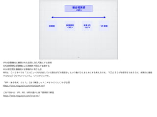 MR
!14
VRは計算機内に構築された空間に没入可能にする技術
ARは実世界に計算機による情報を付加して拡張する
AVは実世界を積極的に計算機内に取り込む
MRは、これらすべてを「コンピュータが介在している割合がどの程度か」という軸でひとまとめにする考え方です。「CGだろうが物理存在であろうが、本質的に機能
するならどっちでもいいじゃん」ってスタンスです。
「MR（複合現実）とは？」 2分で解説したアニメをマイクロソフトが公開
https://www.moguravr.com/microsoft-mr/
これで分かる！VR、AR、MRの違いとは？具体例で解説
https://www.moguravr.com/vr-ar-mr/
 