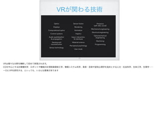 VRが関わる技術
!33
VRは様々な分野を横断して初めて実現されます。
CGを中心とする計算機科学，ロボットや機械の計測制御通信工学、情報システム科学、美術・芸術や認知心理学を始めとする人文・社会科学、生体工学、生理学……
一口にVRを研究する、といっても、いろんな要素があります
 