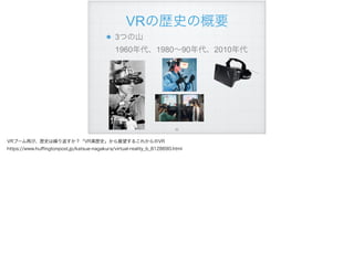 VRの歴史の概要
3つの山 
1960年代、1980∼90年代、2010年代
!82
VRブーム再び、歴史は繰り返すか？「VR黒歴史」から展望するこれからのVR
https://www.huﬃngtonpost.jp/katsue-nagakura/virtual-reality_b_8128690.html
 