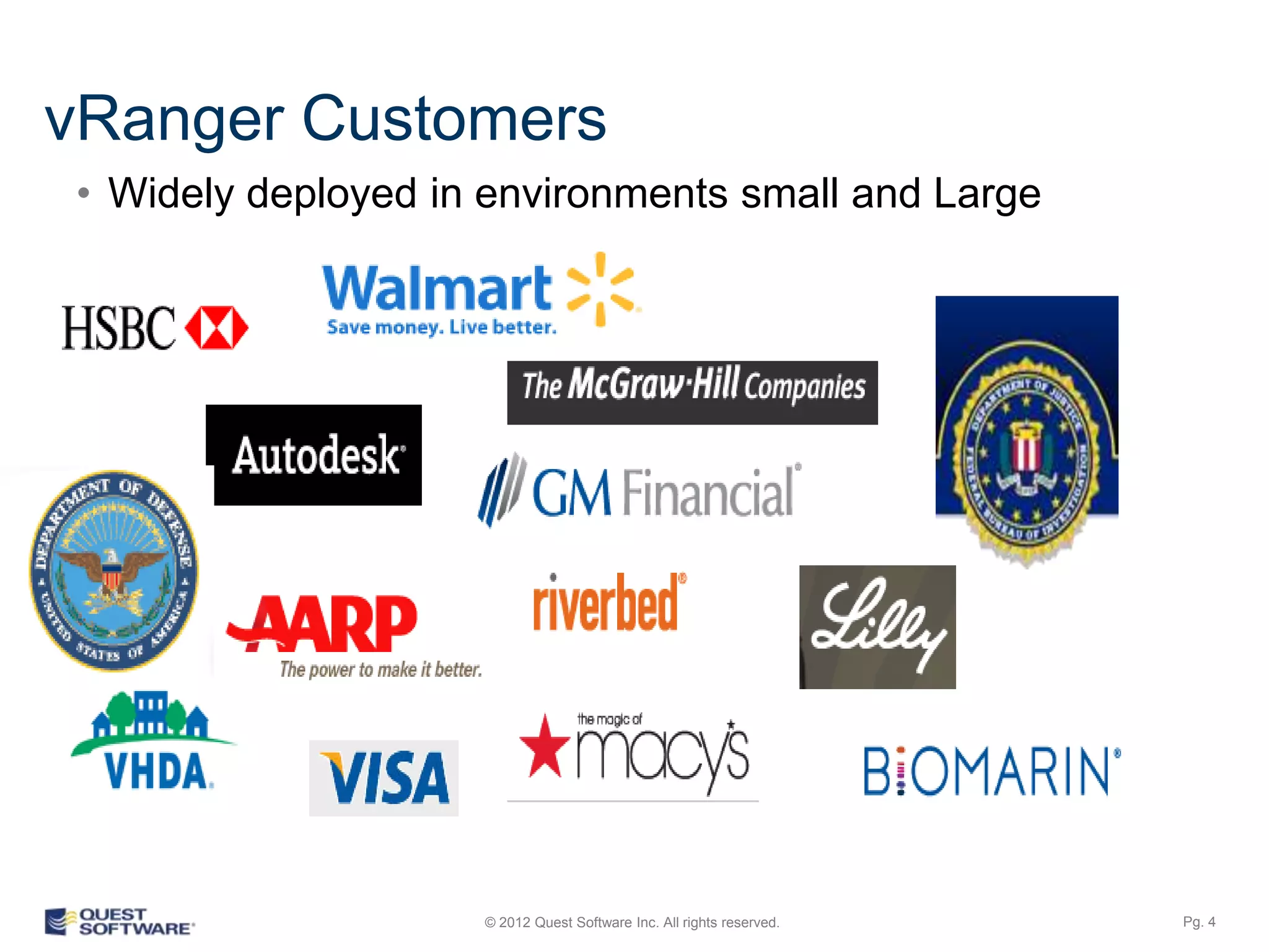 vRanger Customers
• Widely deployed in environments small and Large




                    © 2012 Quest Software Inc. All rights reserved.   Pg. 4
 
