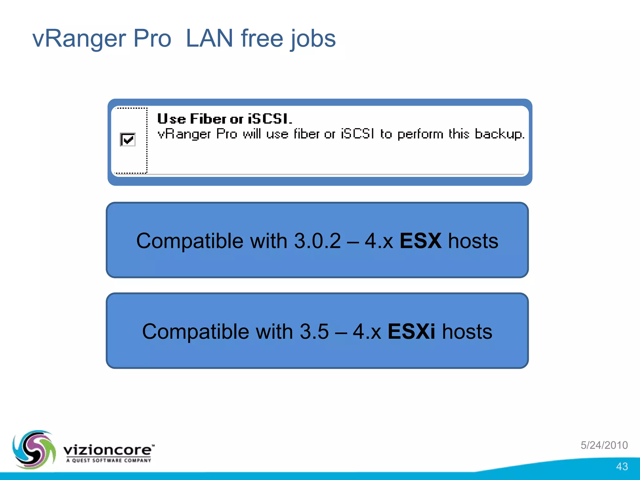 CBT Support in vSphereMost VMs supported on ESX4vSphere API has flag indicating VM supportVMs must:Be Hardware Version 7Be able to add Snapshots to the VMDK’sNo independent disks or RDM LUNsHave a stun or unstun cycle to enable or disableNo support on ESX3