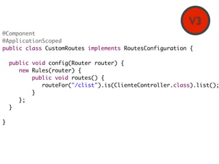 V3
@Component
@ApplicationScoped
public class CustomRoutes implements RoutesConfiguration {

  public void config(Router r...