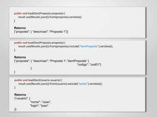 public vod loadJSon(Proposta proposta) {
  result.use(Results.json()).from(proposta).serialize();
}

Retorno
{“proposta": { “descricao": “Proposta 1”}}


public vod loadJSon(Proposta proposta) {
  result.use(Results.json()).from(proposta).include(“itemProposta”).serialize();
}

Retorno
{“proposta": { “descricao": “Proposta 1“,“itemProposta“ {
                                                “codigo”: “cod01"}
             }
}

public vod loadJSon(Usuario usuario) {
  result.use(Results.json()).from(usuario).exclude(“senha”).serialize();
}

Retorno
{"usuario": {
             "nome": "Joao",
             "login": "joao"
}}
 