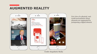 AUGMENTED REALITY
Live view of a physical, real-
world environment whose
elements are augmented by
juxtaposing a digital element
Credit: Empathetic Media
 