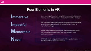 Confidential business information by CJS Interactive., All Rights Reserved.
With high media and public interest in VR early adopters can
benefit from favorable media exposure.
Four Elements in VR
Immersive
Impactful
Novel
Memorable
Users wearing a headset are completely immersed in the content
meaning fewer distractions and more attention on the message.
The intensity of a VR experience is greater than traditional media
generating strong emotions in its users which are linked to
real behavior change.
Human brains are built to remember events linked to locations,
this means that VR experiences have a longer trace in the
audience’s memory.
 