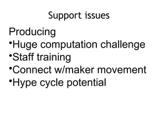 Support issues
Producing
•Huge computation challenge
•Staff training
•Connect w/maker movement
•Hype cycle potential
 