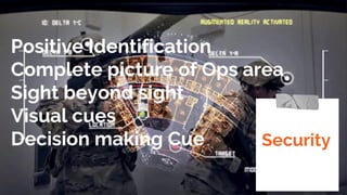 Security
Positive IdentificationPositive Identification
Complete picture of Ops area
Positive Identification
Complete picture of Ops area
Sight beyond sight
Positive Identification
Complete picture of Ops area
Sight beyond sight
Visual cues
Positive Identification
Complete picture of Ops area
Sight beyond sight
Visual cues
Decision making Cue
 