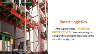 Smart Logistics
AR has potential to INCREASE
PRODUCTIVITY in warehousing and
transport by optimizing processes across
the entire supply chain
 