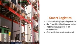 Smart Logistics
● Live monitoring/ updating of stock
● Bin / Item identification and status
● Instantaneous update to all
stakeholders
● On-the-fly info (expiry date etc)
 