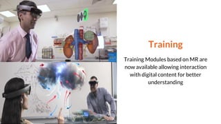 Training
Training Modules based on MR are
now available allowing interaction
with digital content for better
understanding
 