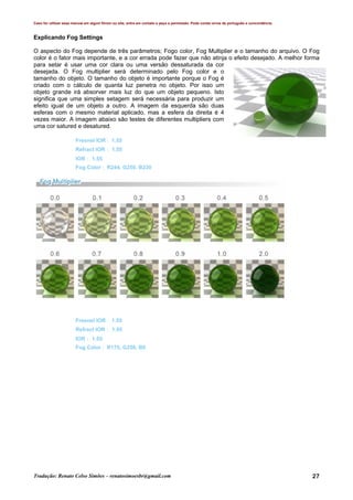 Caso for utilizar esse manual em algum fórum ou site, entre em contato e peça a permissão. Pode conter erros de português e concordância.
Tradução: Renato Celso Simões – renatosimoesbr@gmail.com 27
Explicando Fog Settings
O aspecto do Fog depende de três parâmetros; Fogo color, Fog Multiplier e o tamanho do arquivo. O Fog
color é o fator mais importante, e a cor errada pode fazer que não atinja o efeito desejado. A melhor forma
para setar é usar uma cor clara ou uma versão dessaturada da cor
desejada. O Fog multiplier será determinado pelo Fog color e o
tamanho do objeto. O tamanho do objeto é importante porque o Fog é
criado com o cálculo de quanta luz penetra no objeto. Por isso um
objeto grande irá absorver mais luz do que um objeto pequeno. Isto
significa que uma simples setagem será necessária para produzir um
efeito igual de um objeto a outro. A imagem da esquerda são duas
esferas com o mesmo material aplicado, mas a esfera da direita é 4
vezes maior. A imagem abaixo são testes de diferentes multipliers com
uma cor satured e desatured.
Fresnel IOR： 1.55
Refract IOR： 1.55
IOR： 1.55
Fog Color： R244, G250, B230
Fresnel IOR： 1.55
Refract IOR： 1.55
IOR： 1.55
Fog Color： R175, G250, B0
 