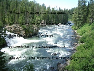 Bäckarna är nu en flod i sina glans dagar och har växt till en majestätisk storlek Den kastar sig nedför berget i rasande fart och åstadkommer ett dån och det vita skummet kastas mot klipporna 