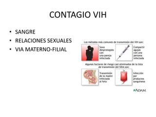 CONTAGIO VIH
• SANGRE
• RELACIONES SEXUALES
• VIA MATERNO-FILIAL
 