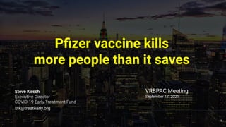 Pﬁzer vaccine kills
more people than it saves
Steve Kirsch
Executive Director
COVID-19 Early Treatment Fund
stk@treatearly.org
VRBPAC Meeting
September 17, 2021
1
 