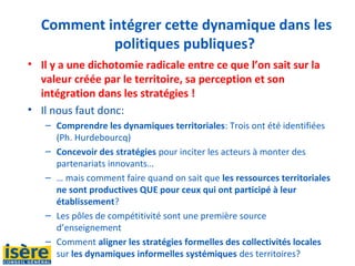 Comment intégrer cette dynamique dans les
politiques publiques?
• Il y a une dichotomie radicale entre ce que l’on sait sur la
valeur créée par le territoire, sa perception et son
intégration dans les stratégies !
• Il nous faut donc:
– Comprendre les dynamiques territoriales: Trois ont été identifiées
(Ph. Hurdebourcq)
– Concevoir des stratégies pour inciter les acteurs à monter des
partenariats innovants…
– … mais comment faire quand on sait que les ressources territoriales
ne sont productives QUE pour ceux qui ont participé à leur
établissement?
– Les pôles de compétitivité sont une première source
d’enseignement
– Comment aligner les stratégies formelles des collectivités locales
sur les dynamiques informelles systémiques des territoires?
 