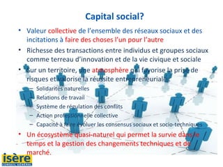 Capital social?
• Valeur collective de l’ensemble des réseaux sociaux et des
incitations à faire des choses l’un pour l’autre
• Richesse des transactions entre individus et groupes sociaux
comme terreau d’innovation et de la vie civique et sociale
• Sur un territoire, une atmosphère qui favorise la prise de
risques et valorise la réussite entrepreneuriale :
– Solidarités naturelles
– Relations de travail
– Système de régulation des conflits
– Action professionnelle collective
– Capacité à faire évoluer les consensus sociaux et socio-techniques
• Un écosystème quasi-naturel qui permet la survie dans le
temps et la gestion des changements techniques et de
marché.
 